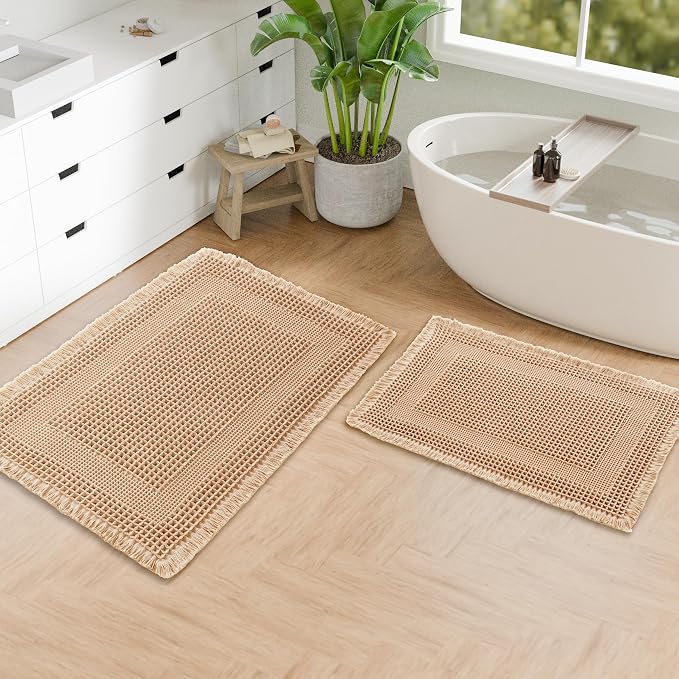 Hiasan Set of 2 Waffle Bath Mat, Super Absorbent Non Slip Bathroom Boho Rug with Tassels, Machine Washable Bath Mats for Bathroom, Ultra Soft Rubber Backed Rug, Loop-Brown, 16" x 24" + 20" x 32"