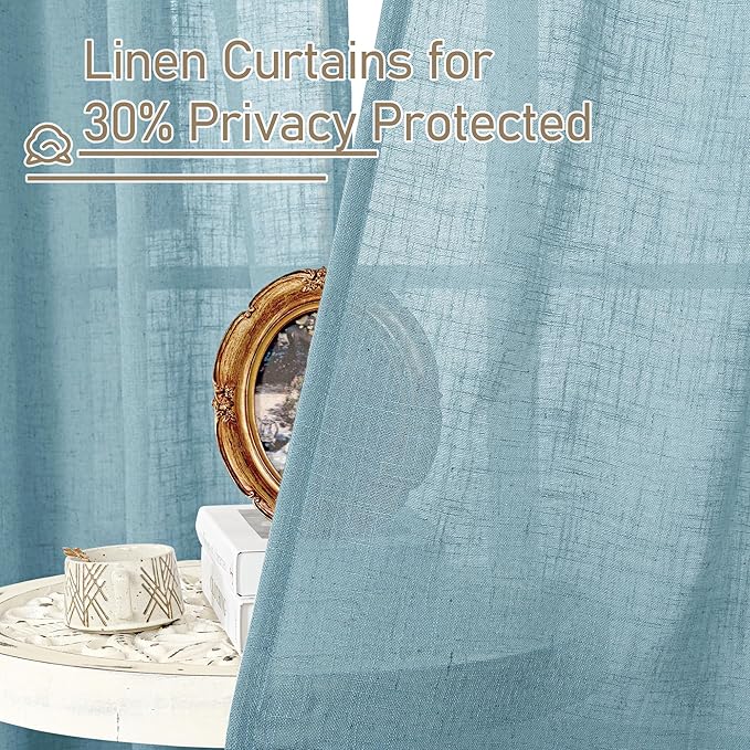 LAMIT Linen Curtains 95 Inches Long for Living Room, Back Tab and Rod Pocket Semi Sheer Panels Light Filtering Farmhouse Drapes for Bedroom/Dining Room, Stone Blue, Set of 2, 52 x 95 Inch