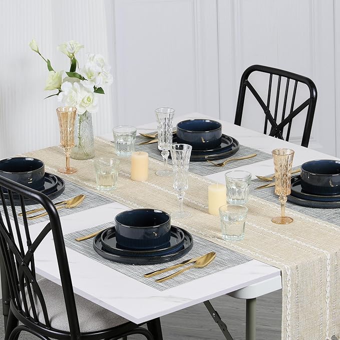 E-far Stoneware Dinnerware Sets for 2, 6-Piece Plates and Bowls Sets, Chip & Scratch Resistant Ribbed Dish Set for Home Restaurant, Microwave & Dishwasher Safe, Midnight Blue