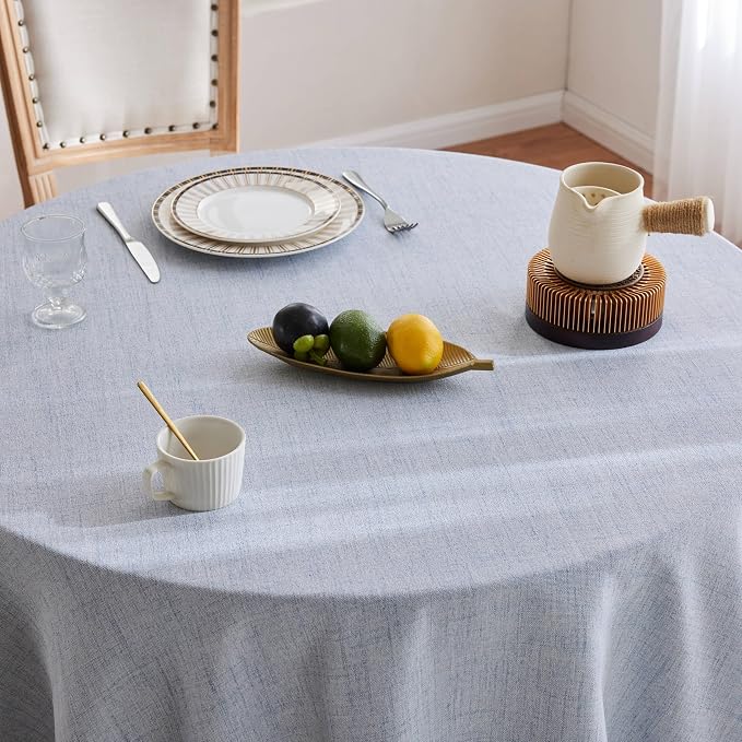 Linen Tablecloth with Tassels, Farmhouse Style Blue Tablecloth, Water Resistant Burlap Tablecloths for Round Table, 60 Inch Round Blue