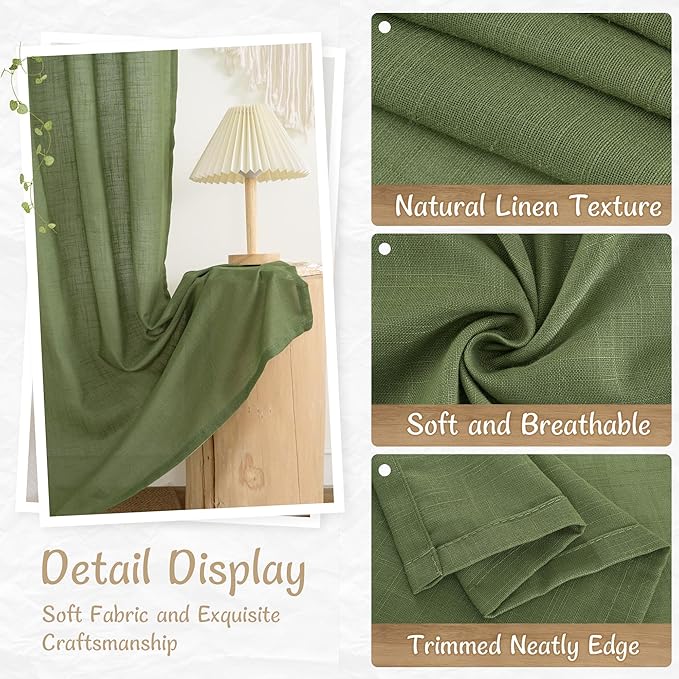 LAMIT Sage Green Linen Curtains for Bedroom 54 Inch Length, Semi Sheer Light Filtering Neutral Boho Panels Back Tab and Rod Pocket Spring Decor Drapes for Kitchen/Windows, 2 Panels, 34 x 54 Inch