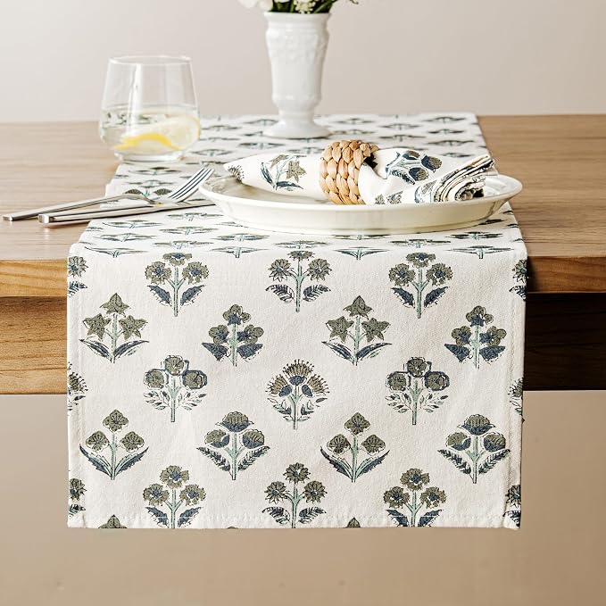 100% Cotton Block Print Floral Table Runners, 13x48 Inch Olive Farmhouse Table Runners 48 Inches Long Boho Flowers Home Decors