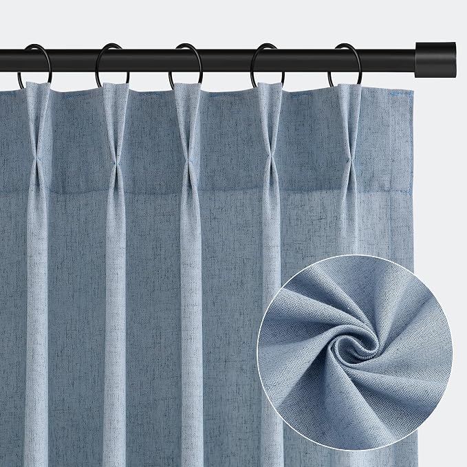 Aersas Stone Blue Extra Long Pinch Pleat Linen Curtains 112 Inches Long 2 Panels for Living Room Bedroom Light Filtering Back Tab Pleated Drapes 112 Inch Length Semi Sheer Ceiling Floor Curtain