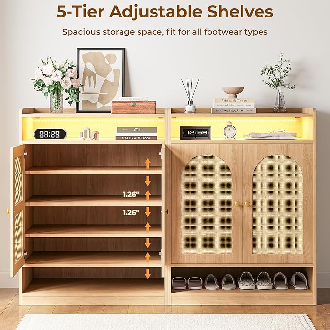 LIKIMIO Rattan Shoe Storage Cabinet with LED Light, 24 Pairs 6-Tier Shoe Cabinet Storage for Entryway with Adjustable Shelves, Farmhouse Shoe Rack Organizer for Hallway, Living Room, Natural