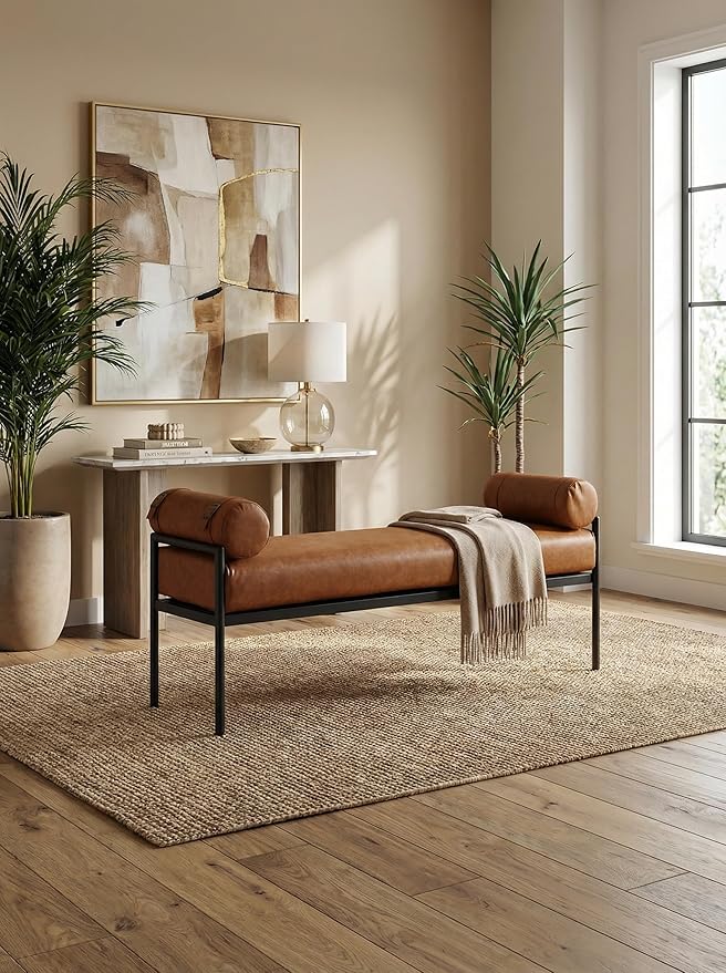 LukeAlon Modern 55" End of Bed Bench Long King Upholstered PU Leather Ottoman Bench with Arms & Detachable Strappy Pillows for Bedroom Entryway Window with Black Metal Legs, Brown