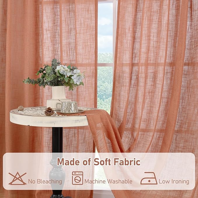 LAMIT Light Filtering Linen Curtains 68 inches Long for Bedroom, Linen Textured Semi Sheer Back Tab and Rod Pocket Boho Modern Drapes for Living Room/Farmhouse, Terracotta, 2 Panels, 52 x 68 Inch