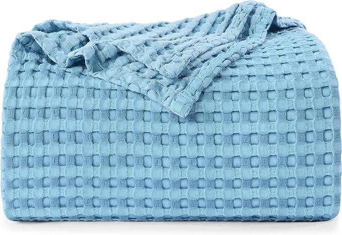 Utopia Bedding 100% Cotton Waffle Weave Blanket Queen Size for Bed - Lightweight, Breathable Summer Blankets Soft and Cozy, Gifts for Women Home Room Decor (Sky Blue, 90x90 Inch)