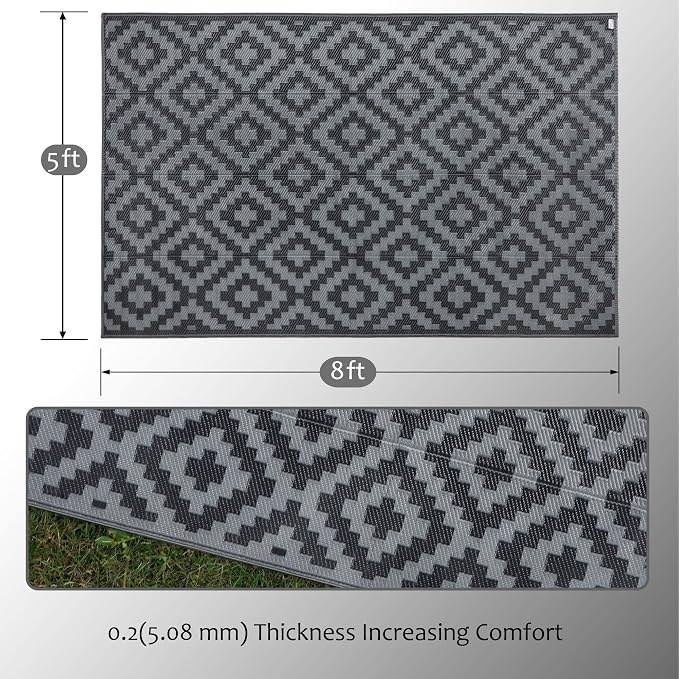 SAND MINE Waterproof Outdoor Rug 5x8 ft, Plastic Reversible Rug, Modern Area Rug, Large Floor Mat for Outdoors, RV, Patio, Backyard, Deck, Picnic, Beach, Camping, Black Grey Lattice