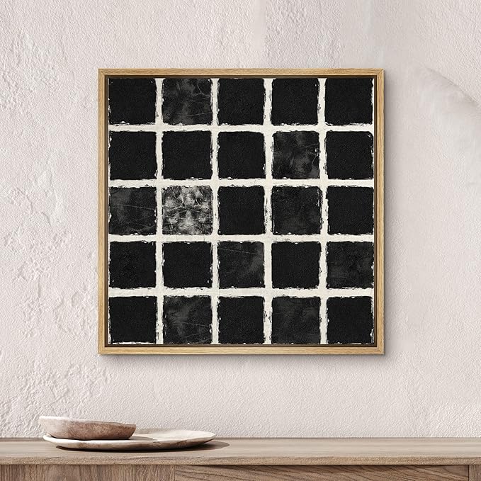 SIGNWIN Framed Canvas Print Wall Art Geometric Black Square Grid Landscape Abstract Shapes Illustration Modern Art Decorative Boho Relax/Zen Nordic for Living Room, Bedroom, Office - 16"x16" Natural