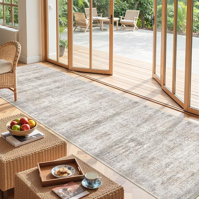 Kitchen Runner Rugs Non Skid Washable - 2.5 x 10 Runner Rug with Anti Slip Backing, Ultra-Thin Soft Rug Runner for Hallway, Bedroom, Living Room (2.5'x10', Brown/Grey/Ivory)