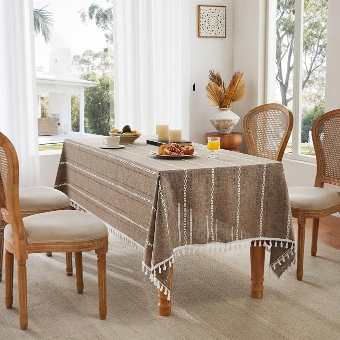 ZeeMart Hemstitched Embroidery Striped Boho Tablecloth 54x54 Inch Cocoa Brown, Heavy Weight Farmhouse Burlap Linen Brown Tablecloth, Wrinkle Resistant Washable Table Cloth for Square Table