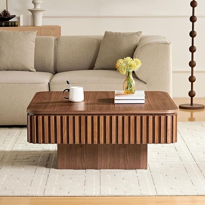 Square Lift Top Coffee Table with Storage for Living Room Office, Modern Fluted Coffee Table, 35.43" Wood Dining Center Tables with Large Hidden Space - Walnut