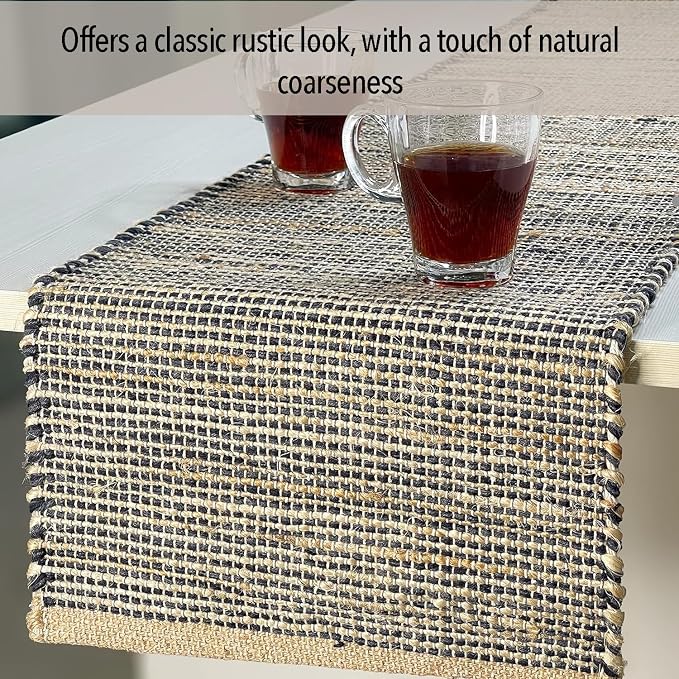 Chardin home Natural Jute Table Runner 13x72 Inch – Vintage Boho Rustic Table Decor – Handwoven Table Runner in Natural Jute and Black – Farmhouse Dining or Console Table Accent