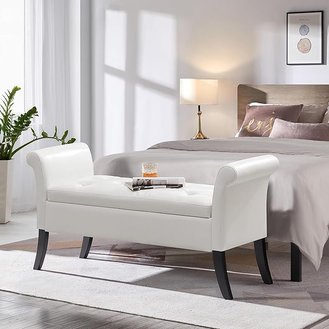 Yaheetech Storage Bench for Entryway Leather Window Bench with Rolled Arms for Bedroom Entryway Window Seat, White