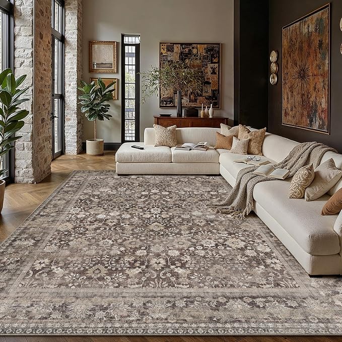 HUGEAR 9x12 Machine Washable Rugs Coffee Brown Hallway Large Area Rug Indoor Accent Rug Floral Low Pile Carpet Soft Throw Aesthetic Rug Bedroom Living Room Office Dining Room Kitchen Laundry Room