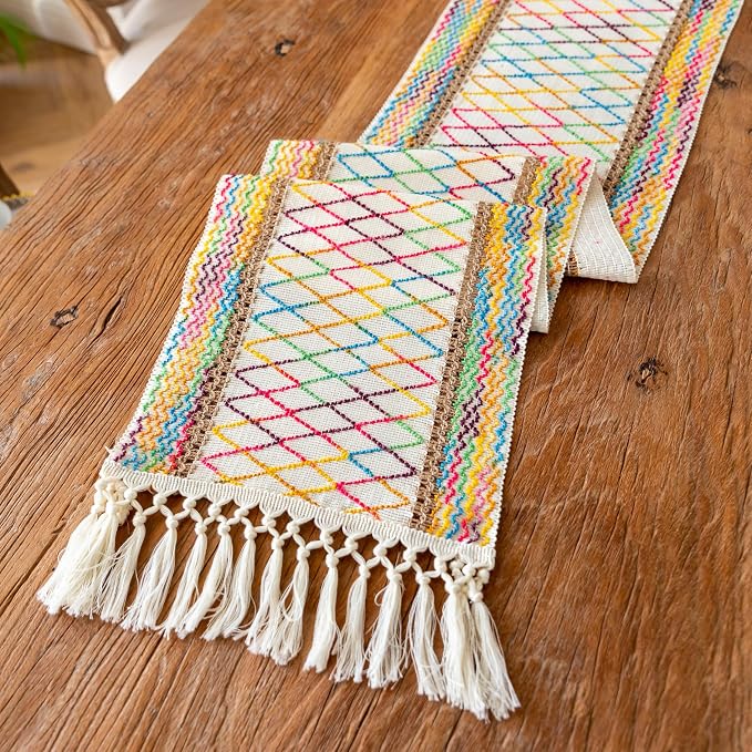 EMMTEEY Macrame Table Runner Boho Style - Scratch & Heat Resistant, Hexagonal Grid Cotton Linen Table Runner with Tassels for Home Decor/Bedroom (12"X94", Colorful)