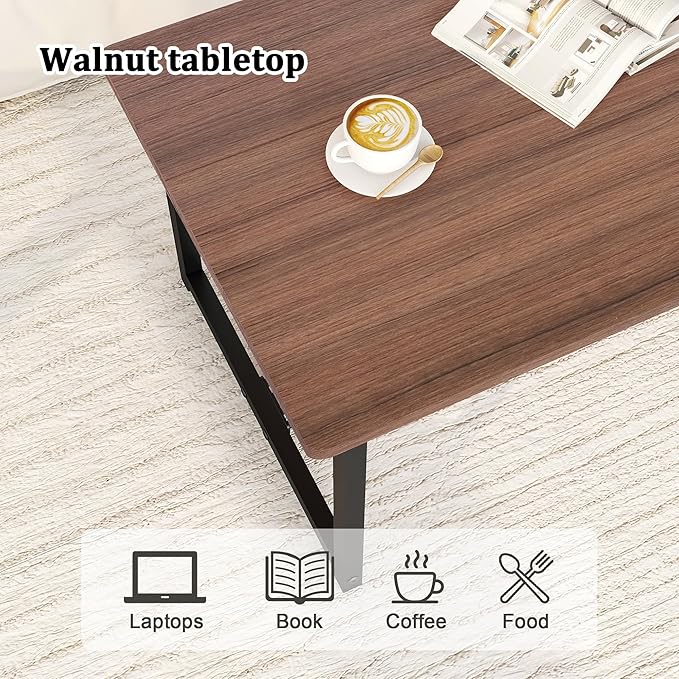Walnut Coffee Tables Rectangular Center Table for Living Room Open Space Side Table with Metal Frame,Mid Century Modern Design,Easy Assembly,Wood Coffee Table