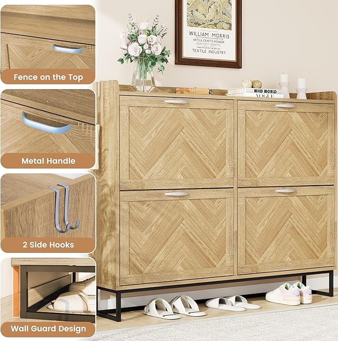47.2" Shoe Cabinet Storage for Entryway, Narrow Wood Shoe Organizer with 4 Flip Drawers & Adjustable Shelves,Freestanding Hidden Shoe Storage Organizer with Hooks for Entryway, Foyer, Hallway, Oak