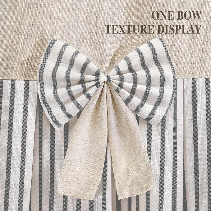 Farmhouse Shower Curtain Linen Bow Woven Fabric Country Rustic Western, Pleated Grey Stripe 72" W x 84" L