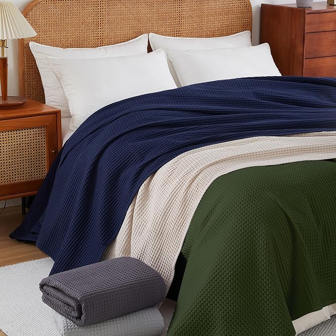 100% Egyptian Cotton Waffle Weave Throw Blanket for Bed Couch Sofa Home Decor, Soft Lightweight Bed & Couch Blanket for All Seasons (Olive Green - Full Size - 84 * 90")