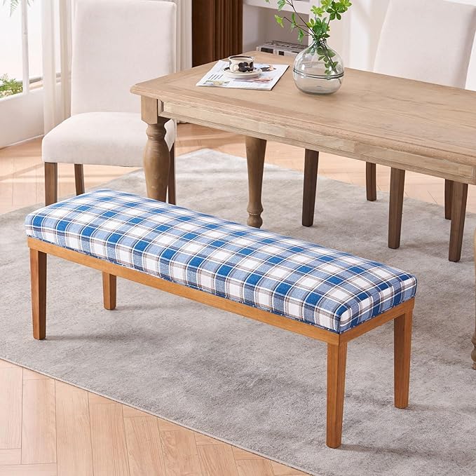 Rowill 53 Inch Long Entryway Bench for Bedroom End of Bed, Dining Room Bench with Upholstered Padded Seat and Solid Wood Leg for Kitchen, Living Room, Indoor and Hallway, Blue