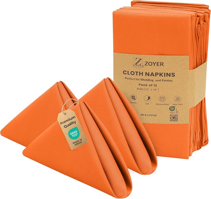 Zoyer Cloth Napkins Set of 12, 18x18 Inches Cotton Enrich Napkins Cloth ‎Washable, Soft & Durable Dinner Napkins for Parties, Wedding, Christmas, ‎Thanksgiving & Everyday Use - Orange