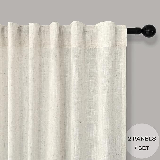 Pitalk 104 Inch Curtains Linen Sheer Drape for Living Room Custom Curtains 2 Panel Back Tab Pocket Pleated Modern Farmhouse Light Filtering Ceiling to Floor for Large Window 52 x 104 Long Ivory Cream