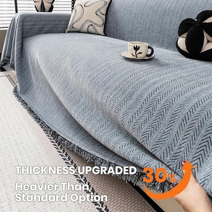 Chenille Couch Cover for Sofa Non Slip Cover Washable Pet Scratch Couch Covers Tassel Sofa Slipcover for 3 Cushion Couch Furniture Protector Blanket for Living Room,Dusty Blue 91"x134"