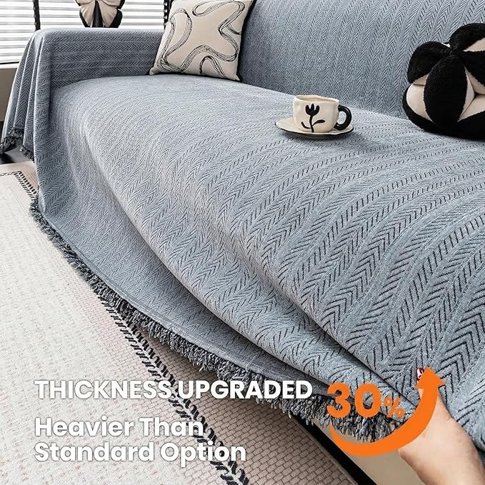 Chenille Couch Cover for Sofa Non Slip Cover Washable Pet Couch Covers Tassel Armchair Sofa Slipcovers Dog Scratch Furniture Protector Blanket for Living Room,Dusty Blue 71"x71"