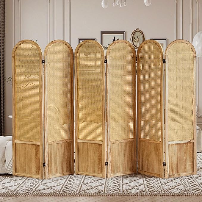 6 Panel Rattan Room Divier, Room Divider Panel and Folding Privacy Screens, Room Divider Wall, Solid Wood Frame, Partition Room Dividers, Bedroom, Lounge, Light Brown
