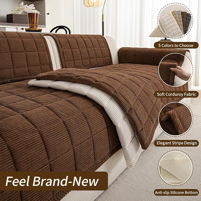 Velvet Couch Covers for Sectional Sofa Washable, Non-Slip L Shaped Sectional Couch Cover, Soft Pet Couch Covers for Sofa, Furniture Slipcovers for 3 Cushion Couch(1PC,35"x83",Dark Brown)