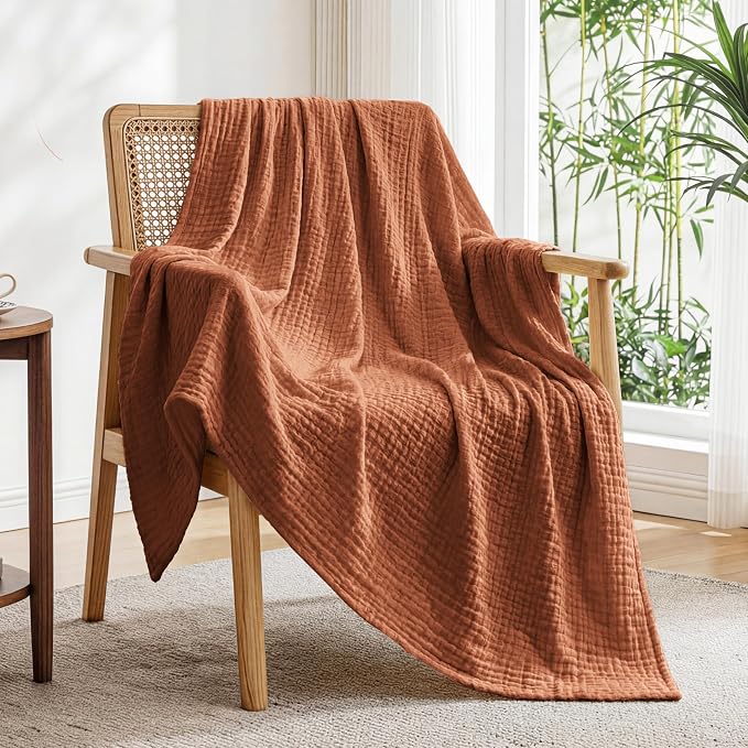 Love's cabin Cooling Muslin Throw Blanket, 50% Rayon Derived from Bamboo, 50% Cotton, 4-Layer Lightweight Breathable Summer Gauze Blanket for Couch Sofa Travel,Hot Sleepers, 50"x60", Terracotta