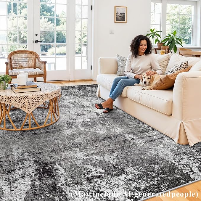 8x10 Washable Living Room Rug – Modern Neutral Abstract Large Area Rug for Bedroom Dining Room Kitchen Home Office Under Table – Non-Slip Low Pile Soft Thin Indoor Carpet (Black Grey,8x10)