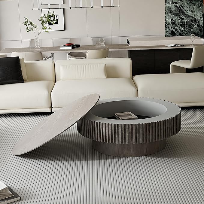 39.37'' Round Coffee Table with Storage, Solid Wood Veneered Modern Drum Coffee Table Accent Tea Table for Living Room, Bedroom, Apartment or Office-Gray