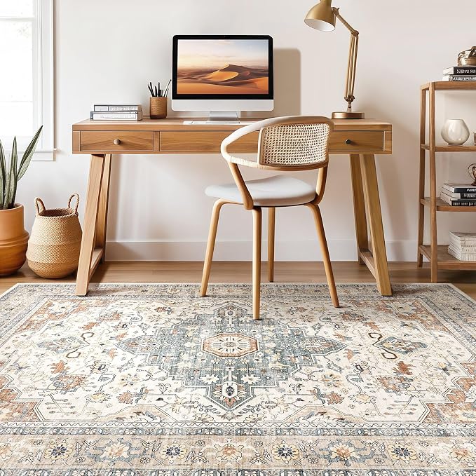 3X5 Rug Washable Area Rugs: Boho Neutral Vintage Soft Rugs Stain Resistant Distressed Farmhouse Non-Slip Indoor Floor Carpet for Entryway Closet Front Door Kitchen Bedroom Bedside Dorm- Beige Blue