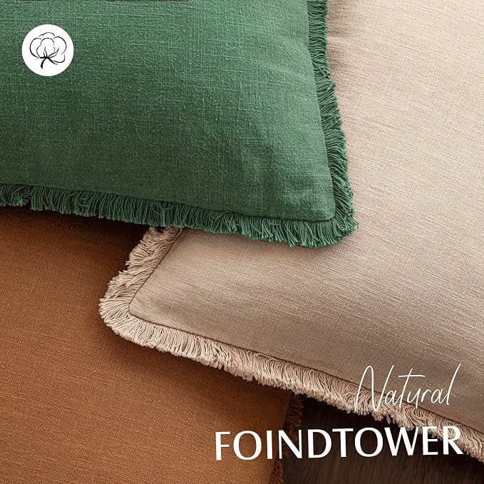 Foindtower Set of 2 Decorative Linen Fringe Throw Pillow Covers Cozy Boho Farmhouse Cushion Cover with Tassels Soft Accent Pillowcase for Couch Sofa Bed Living Room Home Decor, 22×22 Inch, Pine Green