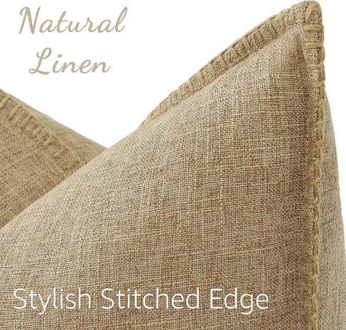 decorUhome Summer Decorative Throw Pillow Covers 26x26 Set of 2 Square Faux Linen Farmhouse Euro Sham Pillow Covers with Stitched Edge Outdoor Neutral Pillow Covers for Couch Sofa Living Room, Khaki