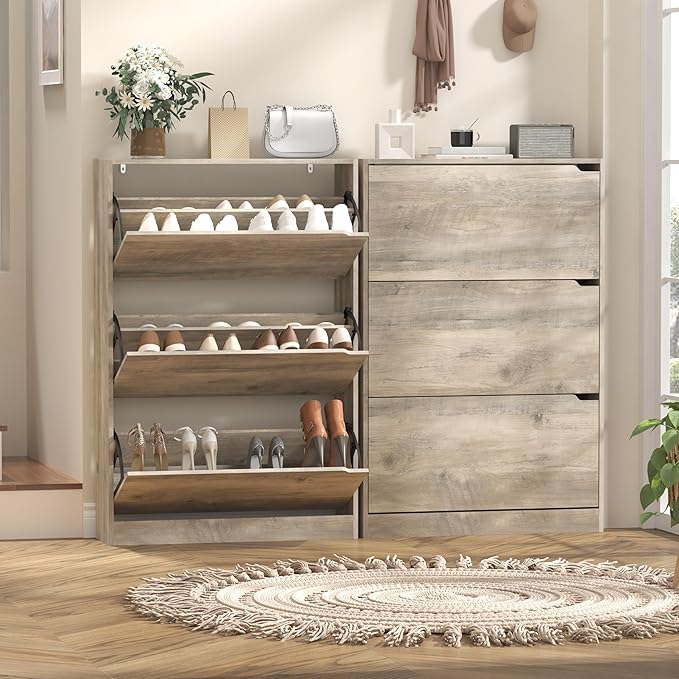 Wodeer Shoe Storage Cabinet with 3 Flip Drawers, Slim Hidden Wood Shoe Cabinet Storage for Entryway, Freestanding Narrow Shoe Rack Organizer with Adjustable Shelves for Foyer, Hallway, Grey
