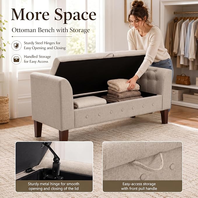 Awonde Upholstered Storage Bench with Arms Ottoman Bench for Bedroom Entryway Living Room Khaki