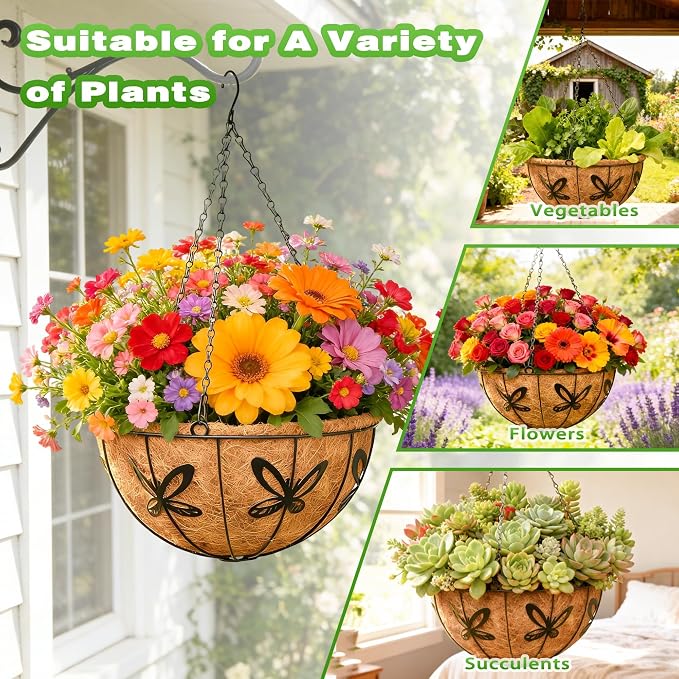 4 Pack 12 Inch Metal Outdoor Hanging Baskets Black Heavy Duty Hanging Planters with Coco Liners for Indoor Outdoor Plants Gardens Patios Terraces（Butterfly）