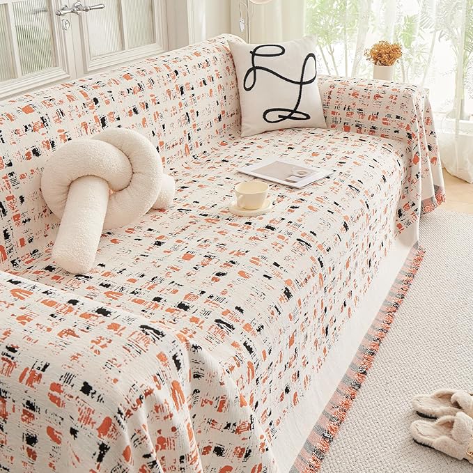 DREAMINGO Abstract Chenille Couch Cover Blanket Beige Orange Black Boho Sofa Cover, Washable Furniture Protector, Universal Slipcover for Couch, Geometric Brushstroke Jacquard, X-Large 71"x134"