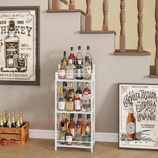 KLM Liquor Bottle Display Shelf, Liquor Cabinet bar for Home, 4 Step Liquor cabinetck, Mini bar,Liquor Cabinet, Home Retro Bar Shelf Stand for Liquor Whiskey, Spirits. (White)