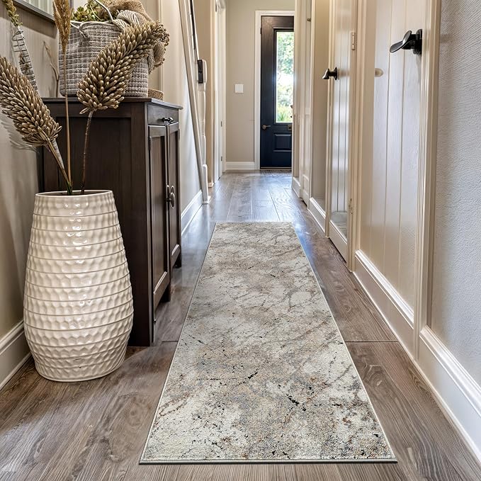 Rugshop Drifted Marble Abstract Area Rug Durable, Kid & Pet Friendly Gray, Ivory, Neutral Tones 2' 3" x 8' Runner Ideal for Hallway, Kitchen, Entryway, or Behind the Sofa