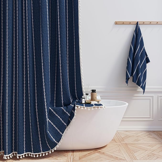 BTTN Boho Farmhouse Shower Curtain - Linen Rustic Heavy Duty Striped Fabric Shower Curtain Set with Tassel, Bohemian Vintage Country Cloth Shower Curtains for Bathroom，Navy Blue，72" W x 78" L