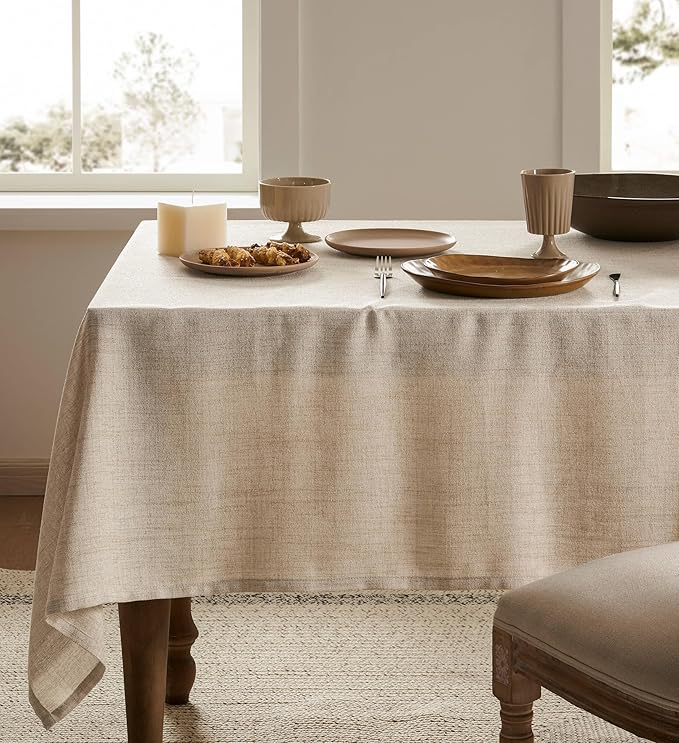 Linen Tablecloth for Rectangle Table, Natural 60x120 Inch (Fit 7ft–8ft, Narrow Fit 9ft Rectangle Table) Farmhouse Neutral Tablecloth, Water Resistant Dining Tablecloths