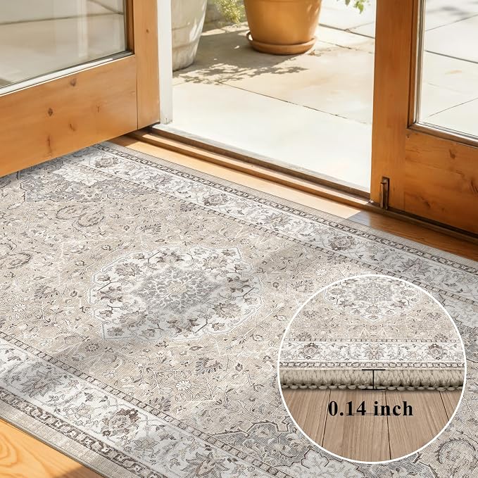 Hallway Washable Runner Rug - 2'6x14 Kitchen Rugs Entryway Rug Runner Vintage Soft Floor Mat Non Slip Indoor Farmhouse Carpet for Bathroom Living Room Bedroom (2'6''x14', Beige)
