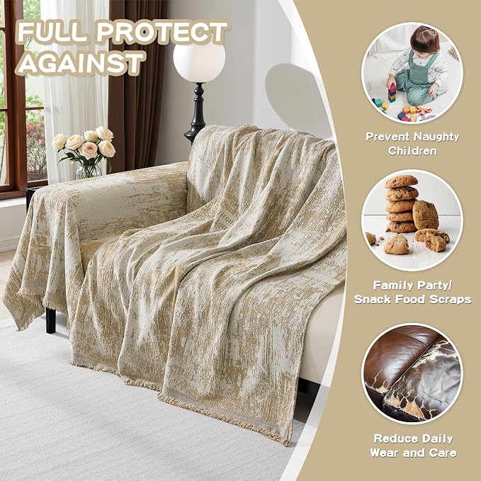 MEETSKY Couch Cover Boho Sofa Covers Couch Covers for 3 Cushion Couch Sofa Pet Friendly, Sofa Cover Washable Abstract Geometric Sofa Slipcover for Sectional Sofa Cover with Tassel, 91" x 134", Khaki
