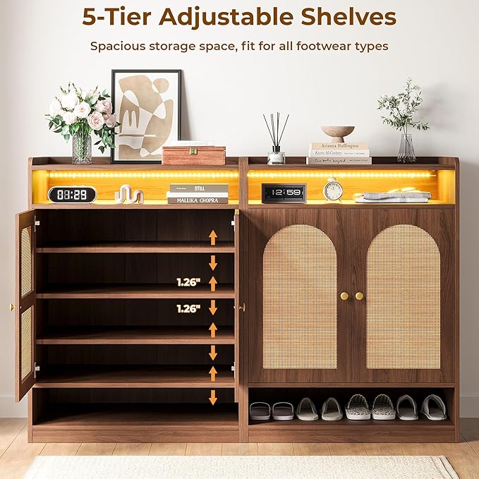 LIKIMIO Rattan Shoe Storage Cabinet with LED Light, 24 Pairs 6-Tier Shoe Cabinet Storage for Entryway with Adjustable Shelves, Farmhouse Shoe Rack Organizer for Hallway, Living Room, Walnut