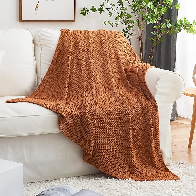 Longhui bedding 100% Cotton Knitted Throw Blanket – Burnt Orange, Soft & Cozy, Machine Washable, 51"x63" – Perfect for Living Room, Couch, Sofa, Bed or Travel