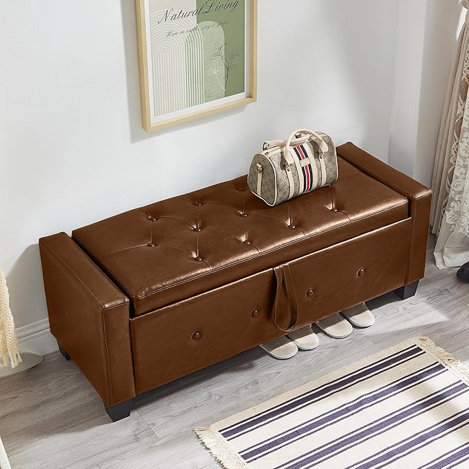 Betoko PU Leather Ottoman Bench with Storage,48" Mid Century Modern Storage Bed Bench for Bedroom,Button Tufted Ottoman Benches with Seating for Living Room,Entryway,Window (PU Brown)